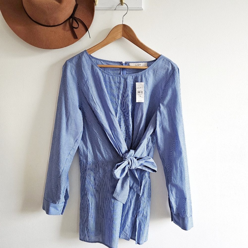 NWT LOFT Blue Striped Cotton Wrap Top Tie Waist Blouse Size 12